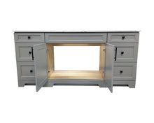 Grey solid wood vanity with open doors and six drawers on the sides