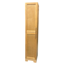 Natural wood bathroom linen tower with two doors