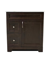 Sapphire 30-inch bathroom vanity in Smoked Walnut finish with white quartz countertop, left-side drawers and cabinet door