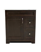 Sapphire 30-inch bathroom vanity in Smoked Walnut finish with white quartz countertop, single cabinet door and right-side drawers