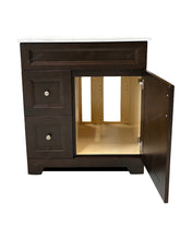 Sapphire 30-inch bathroom vanity in Smoked Walnut finish with white quartz countertop, open cabinet door showing interior storage