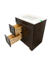Sapphire 30-inch bathroom vanity in Smoked Walnut finish with white quartz countertop and undermount sink, open drawers showing soft-close interior and dovetail joints