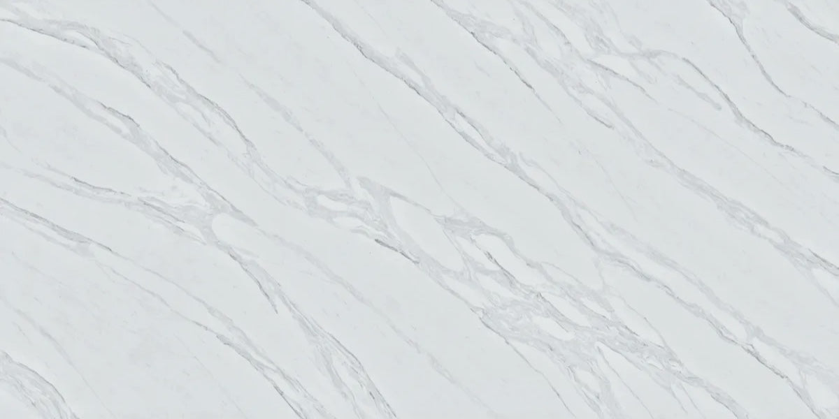 Silver River white quartz countertop slab with flowing grey veining