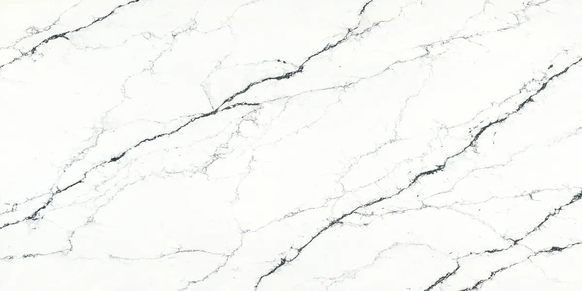 Storm Veil white quartz countertop slab with bold dark veining.