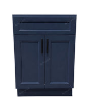 Topaz 24-inch bathroom vanity cabinet in navy blue finish with double doors and black bar handles