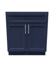 Topaz 30-inch bathroom vanity cabinet in navy blue finish with double doors and chrome bar handles
