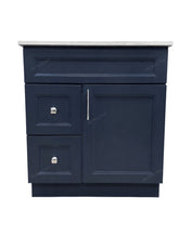 Topaz 30-inch bathroom vanity in navy blue finish with white quartz countertop, single door and left-side drawers