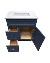 Topaz 30-inch bathroom vanity in navy blue finish with white quartz countertop and undermount sink, open door and drawers showing storage interior