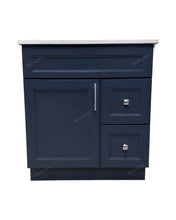 Topaz 30-inch bathroom vanity in navy blue finish with white quartz countertop, single door and right-side drawers