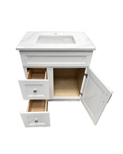 30-inch solid wood bathroom vanity with open door and drawers, a quartz countertop and an undermount sink