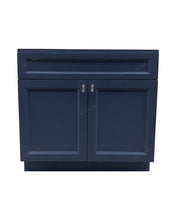 Topaz 36-inch bathroom vanity cabinet in navy blue finish with double doors and chrome knobs