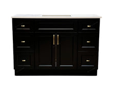 48-inch black bathroom vanity with white countertop