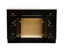 48-inch black solid wood bathroom vanity with open doors and gold handles