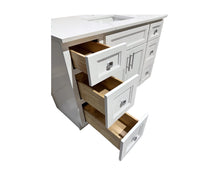 48" white wood bathroom vanity with open drawers and an undermount sink