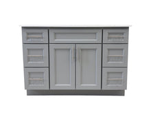 48" grey solid wood vanity with six drawers.