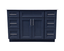 Topaz 48-inch navy blue bathroom vanity with white quartz countertop, center cabinet doors and drawer banks on both sides