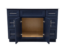 Topaz 48-inch navy blue bathroom vanity with center cabinet doors open showing interior storage and drawer banks on both sides