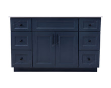 Topaz 54-inch navy blue bathroom vanity with white quartz countertop, center cabinet doors and drawer banks on both sides