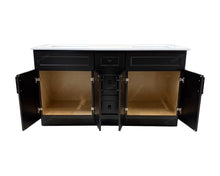 60" black solid wood bathroom vanity with open doors.