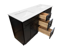 black solid wood bathroom vanity with open dovetail drawers.