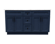 Topaz 60-inch navy blue double sink bathroom vanity with white quartz countertop, four cabinet doors and center drawers