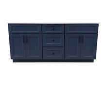 Topaz 72-inch blue double sink bathroom vanity with black hardware, four cabinet doors and center bank of drawers