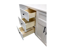 Topaz 72-inch white double sink bathroom vanity, close-up of center bank of three open drawers with soft-close glides