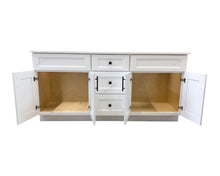 Topaz 72-inch white double sink bathroom vanity with all cabinet doors open showing interior storage space