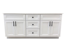 Topaz 72-inch white double sink bathroom vanity with black hardware, four cabinet doors and center bank of drawers