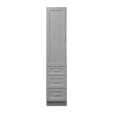 Gray linen cabinet with a door and three drawers.