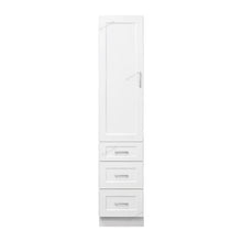 White linen cabinet with a door and three drawers. 