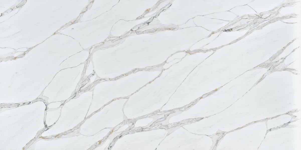 Tuscan Vein white quartz countertop slab with grey and gold veining
