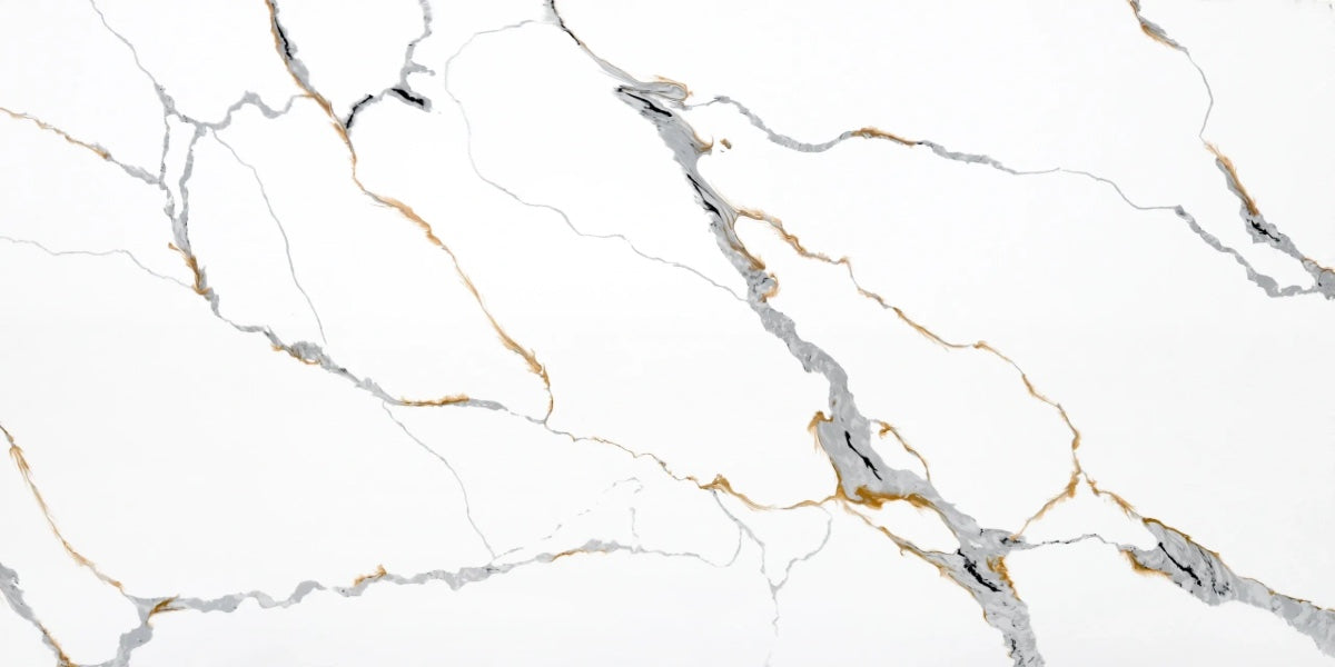 Golden Storm white quartz countertop slab with grey, gold and dark veining.