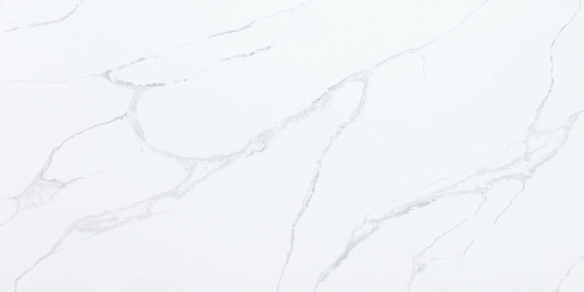 Feather Grey white quartz countertop slab with light and dark grey veining.