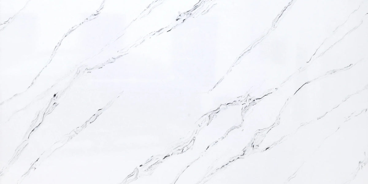 Frost Veil white quartz countertop slab with grey and black veining