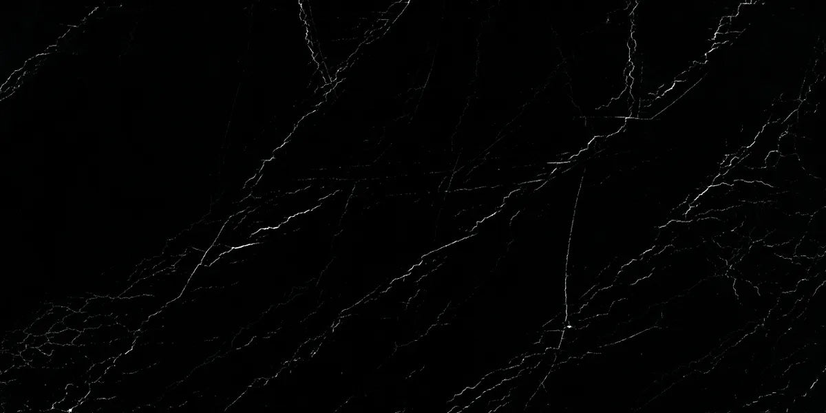 Royal Obsidian black quartz countertop slab with white veining