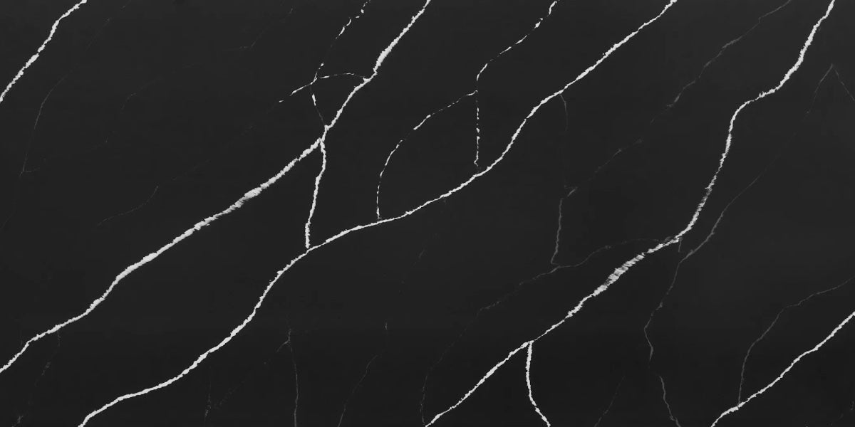 Lunar Onyx black quartz countertop slab with bold white veining