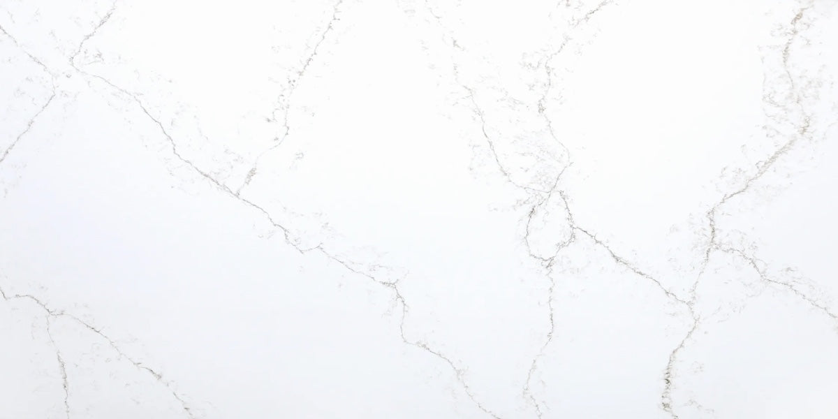 Toasted Lace white quartz countertop slab with dark brown veining