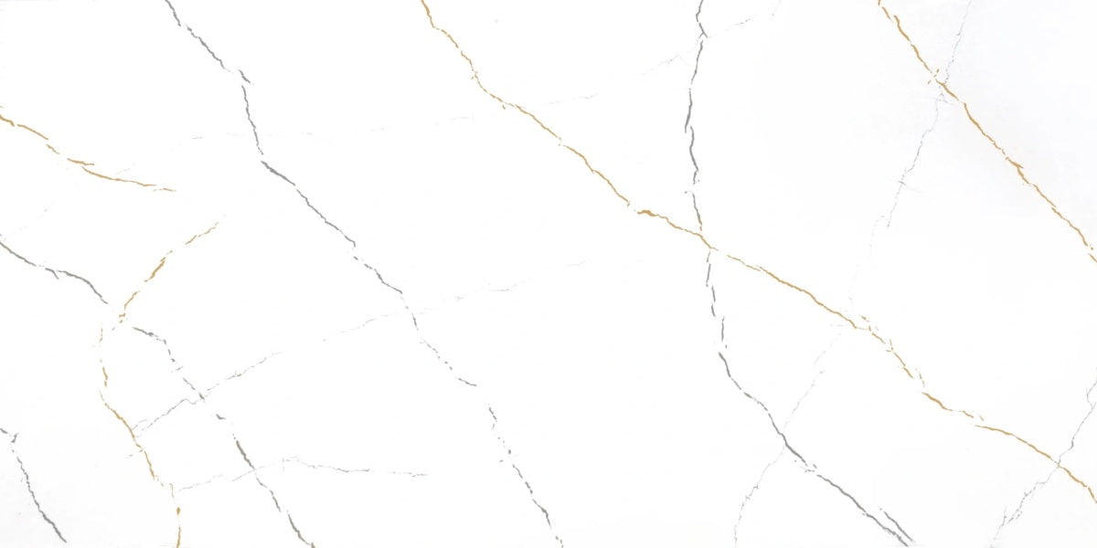 Nordic Gold white quartz countertop slab with grey and gold veining