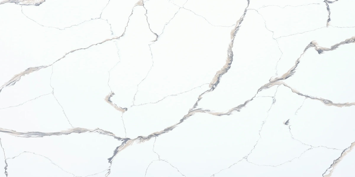 Windswept white quartz countertop slab with charcoal and tan veining