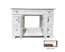 White bathroom vanity with open doors and furniture style toe kick.